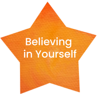 White lettering in an orange star says "Believing in Yourself"