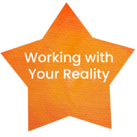 White lettering in an orange star says "Working with Your Reality"